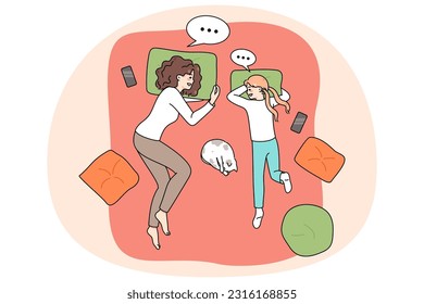 Happy loving young mother and teen daughter lying on bed at home chatting and talking. Concept of good parent child relationships. Mom and teenager have close relations. Vector illustration.