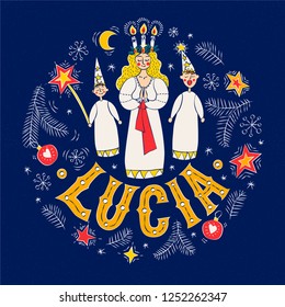 Happy Lucia Day handwritten lettering poster, card, invitation, banner. Vector illustration EPS 10.