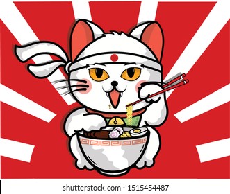 happy lucky Japanese cat eating ramen, shine and be cool