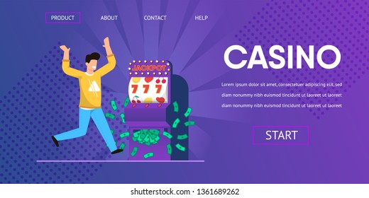 Happy Lucky Man Win Cash Money Slot Machine Vector Illustration. Jackpot Winner Card Game Risk Gambling Player Game Addiction Gambler. Las Vegas Online Internet Casino Banner Website