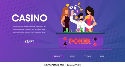 Happy Lucky Man Win Money Poker Beautiful Woman near Casino Gamble Table Chip Tokens Vector Illustration. Online Internet Gambling Blackjack Game Tournament Sport Match Winner Card Game