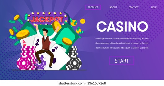 Happy Lucky Man Winner Hit Jackpot at Casino Vector Illustration. Ace Cards Game Cash Money Token Bet Chips Golden Coin Banner. Chance Win Prize Online Gambling Internet Tournament