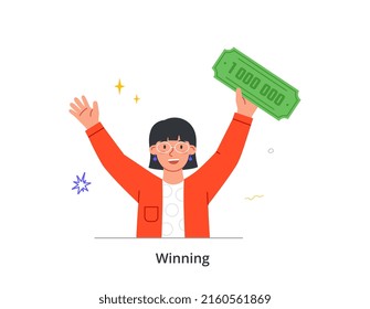 Happy lucky person concept. Woman holds check for million dollars and rejoices in winning lottery. Character raises hands and celebrates success. Cartoon flat vector illustration in doodle style