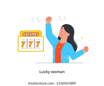 Happy lucky person concept. Young smiling woman rejoices at jackpot or winning at casino. Character achieving success or celebrating victory. Cartoon flat vector illustration in doodle style