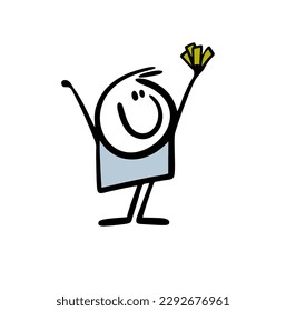 Happy lucky winner holds cash money in rising hands. Vector illustration of cute stick figure boy in the bank.