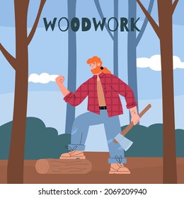 Happy lumberjack holds axe in forest, flat vector illustration. Cartoon logger character with beard and in plaid shirt cuts wood. Concept of woodwork industry.