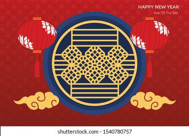 Happy Lunar new year 2020 ,Year of the rat, Chinese new year greetings with gold rat zodiac sign with decoration lantern, floral and cloud ornate vector