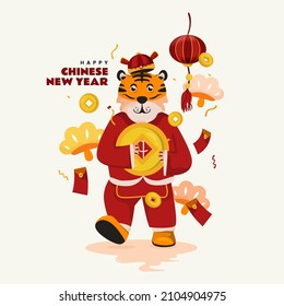 Happy lunar new year 2022 with cute tiger character and holding Chinese coins design