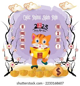 Happy lunar new year 2023, Vietnamese new year, Year of the Cat.
(Translation vietnamese: Happy new year)
