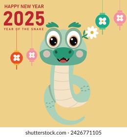 Happy lunar new year 2025 greeting card with cute snake, Happy new year, Chinese new year, year of the snake, Chinese zodiac snake in geometric flat modern style