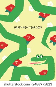 Happy lunar new year 2025 zodiac cartoon snake on flowers background. Green snake on camellia background.