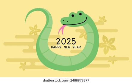Happy lunar new year 2025 greeting card. Funny cartoon zodiac snake with auspicious clouds background.