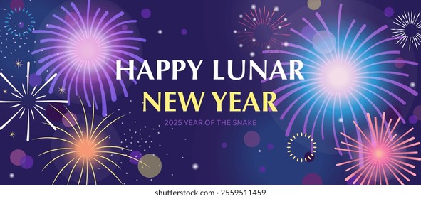 Happy Lunar New Year 2025 modern fireworks celebration banner with blue and gold vector glow