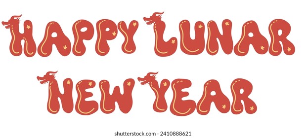 Happy Lunar New Year banner font words in red with dragon pattern and flowers for Chinese new year blessing