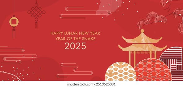 Happy Lunar New Year Banner Template. Chinese New Year 2025 Diagonal Card with Oriental Design. 