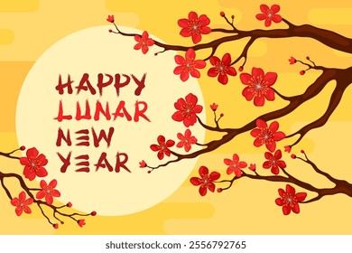 Happy Lunar New Year. Branch with red sakura flowers on a yellow background. Card or banner for Chinese New Year, Tet. Spring apricot, cherry or apple flowers.