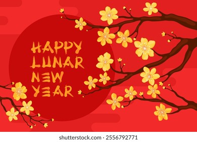 Happy Lunar New Year. Branch with yellow apricot flowers on a red background. Card or banner for Chinese New Year, Tet. Spring cherry or apple flowers.