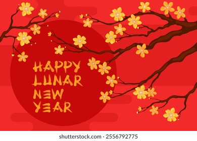 Happy Lunar New Year. Branch with yellow apricot flowers on a red background. Card or banner for Chinese New Year, Tet. Spring cherry or apple flowers.