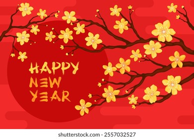 Happy Lunar New Year. Branch with yellow apricot flowers on a red background. Card or banner for Chinese New Year, Tet. Spring cherry or apple flowers.