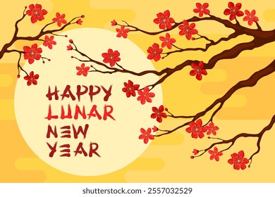 Happy Lunar New Year. Branch with red sakura flowers on a yellow background. Card or banner for Chinese New Year, Tet. Spring apricot, cherry or apple flowers.