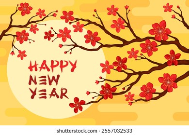 Happy Lunar New Year. Branch with red sakura flowers on a yellow background. Card or banner for Chinese New Year, Tet. Spring apricot, cherry or apple flowers.