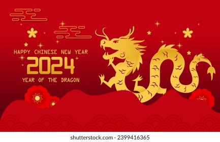 Happy Lunar New Year! Chinese New Year 2024: Year of the Dragon Zodiac with Chinese Dragon Gold on a Red Background