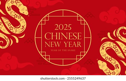 Happy Lunar New Year! Chinese New Year 2025: Year of the Snake Zodiac on a Red Background Illustration