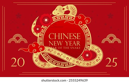 Happy Lunar New Year! Chinese New Year 2025: Year of the Snake Zodiac on a Red Background Illustration