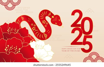 Happy Lunar New Year! Chinese New Year 2025: Year of the Snake Zodiac on a Red Background Illustration