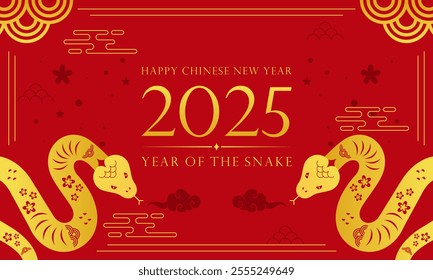 Happy Lunar New Year! Chinese New Year 2025: Year of the Snake Zodiac on a Red Background Illustration