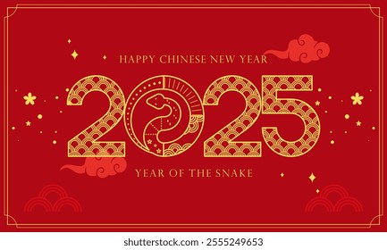 Happy Lunar New Year! Chinese New Year 2025: Year of the Snake Zodiac on a Red Background Illustration