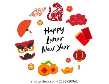 Happy Lunar New Year with Graphics Elements, Vibrant and Festive Design, Celebrate the New Year with Colorful Illustrations, Traditional Symbols, and Joyful Typography, Perfect for Decorations