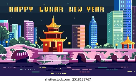 Feliz Ano Novo Lunar Pixel Art Retro Cyberpunk Cityscape com Pagoda e arranha-céus em estilo de jogo de 8 bits 