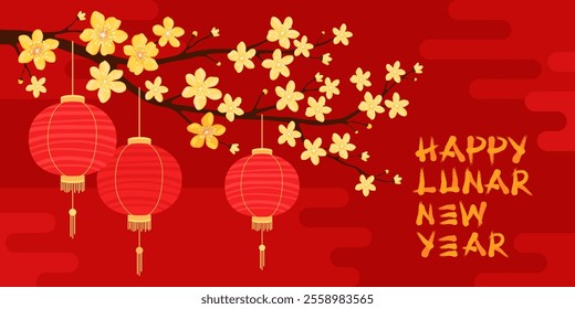 Happy Lunar New Year. Red round silk or paper Asian lanterns hang on a branch with yellow apricot flowers, red background. Chinese lanterns. Spring sakura, cherry or apple flowers.