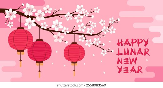 Happy Lunar New Year. Red round silk or paper Asian lanterns hang on a branch with white sakura flowers, pink background. Chinese lanterns. Spring cherry or apple flowers.