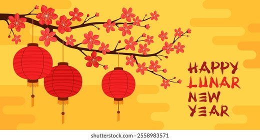 Happy Lunar New Year. Red round silk or paper Asian lanterns hang on a branch with red sakura flowers, yellow background. Chinese lanterns. Spring apricot, cherry or apple flowers.