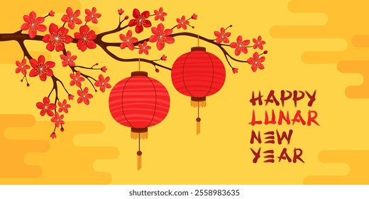 Happy Lunar New Year. Red round silk or paper Asian lanterns hang on a branch with red sakura flowers, yellow background. Chinese lanterns. Spring apricot, cherry or apple flowers.