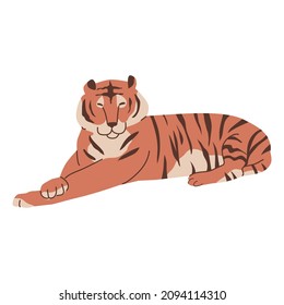 Happy lying Chinese bengal tiger for new year decoration. Big striped cat. Asian talisman, tabby, astrology, religion. Flat style in vector illustration. Isolated elements on white background. 