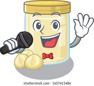 Happy macadamia nut butter singing on a microphone