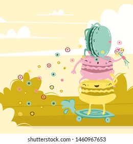 happy macarons skate in the park, vector illustration, flat style