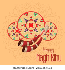 Happy Magh Bihu Celebrate with rhythmic Dhol beats Pepa melodies intricate Assamese designs festive fonts and vibrant mandala inspired patterns






