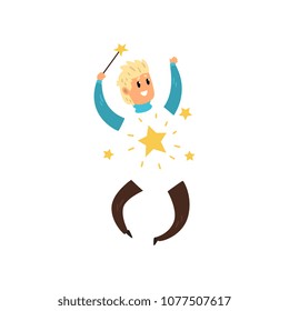 Happy magician with invisible body. Young man with magic wand in hand. Bright-shining stars. Flat vector design