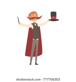 Happy magician standing with top hat and magic wand in hands. Man with big moustached, dressed in costume and red cloak. Circus performer. Flat vector design