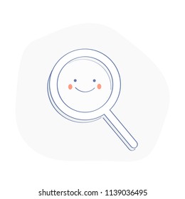 Happy magnifying glass, cute not found symbol, successful search, zoom,  results found while searching. Flat outline vector illustration of loupe or magnifier on white.