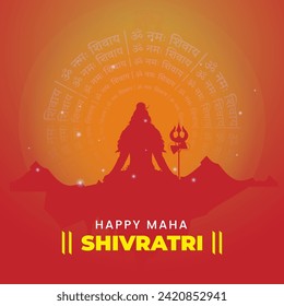 Happy Maha Shivaratri Celebration Concept with Silhouette Character of Lord Shiva Meditating Over Mountain Against Orange Om Namah Shivaya Hindi Text Round Background.