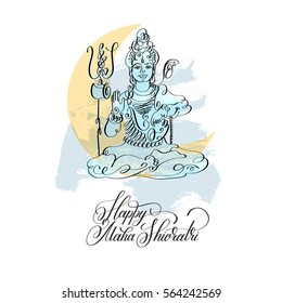 Happy Maha Shivratri black line art greeting card design on brush stroke background to indian celebration festival with lord Shiva and calligraphic modern lettering, vector illustration