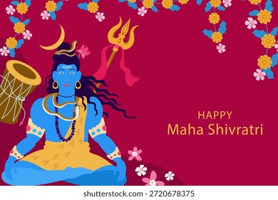 Feliz Maha Shivratri. Fondo coloreado del festival hindú con la ilustración del señor Shiva . Ilustración vectorial en estilo plano