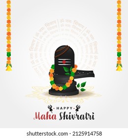 Happy Maha Shivratri Concept With Lord Shiva Lingam Decorated By Marigold Garland, Bael Leaves, Rudraksha And Golden Bell On Om Namah Shivay Text Rounded Background.