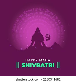 Happy Maha Shivratri Concept With Silhouette Lord Shiva Meditating On Purple Om Namah Shivaya Text Round Background.