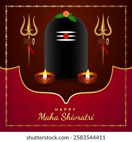 Happy maha shivratri festival creative greeting background with shivling, diya and trishul vector